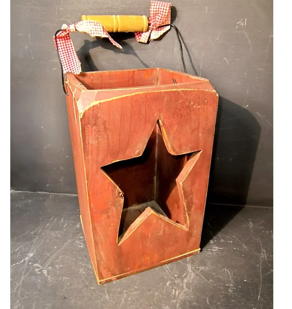 2000.  Rustic Red Wooden Lantern Candle Box Primitive Folk Art Star Cut Out